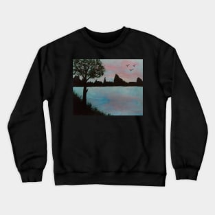 Sunset lake at the mountain bluffs; Crewneck Sweatshirt